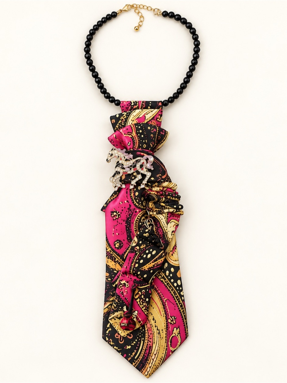 Unique wearable Art, Pink and Black Paisley Ribbon Necklace with Horse Charm